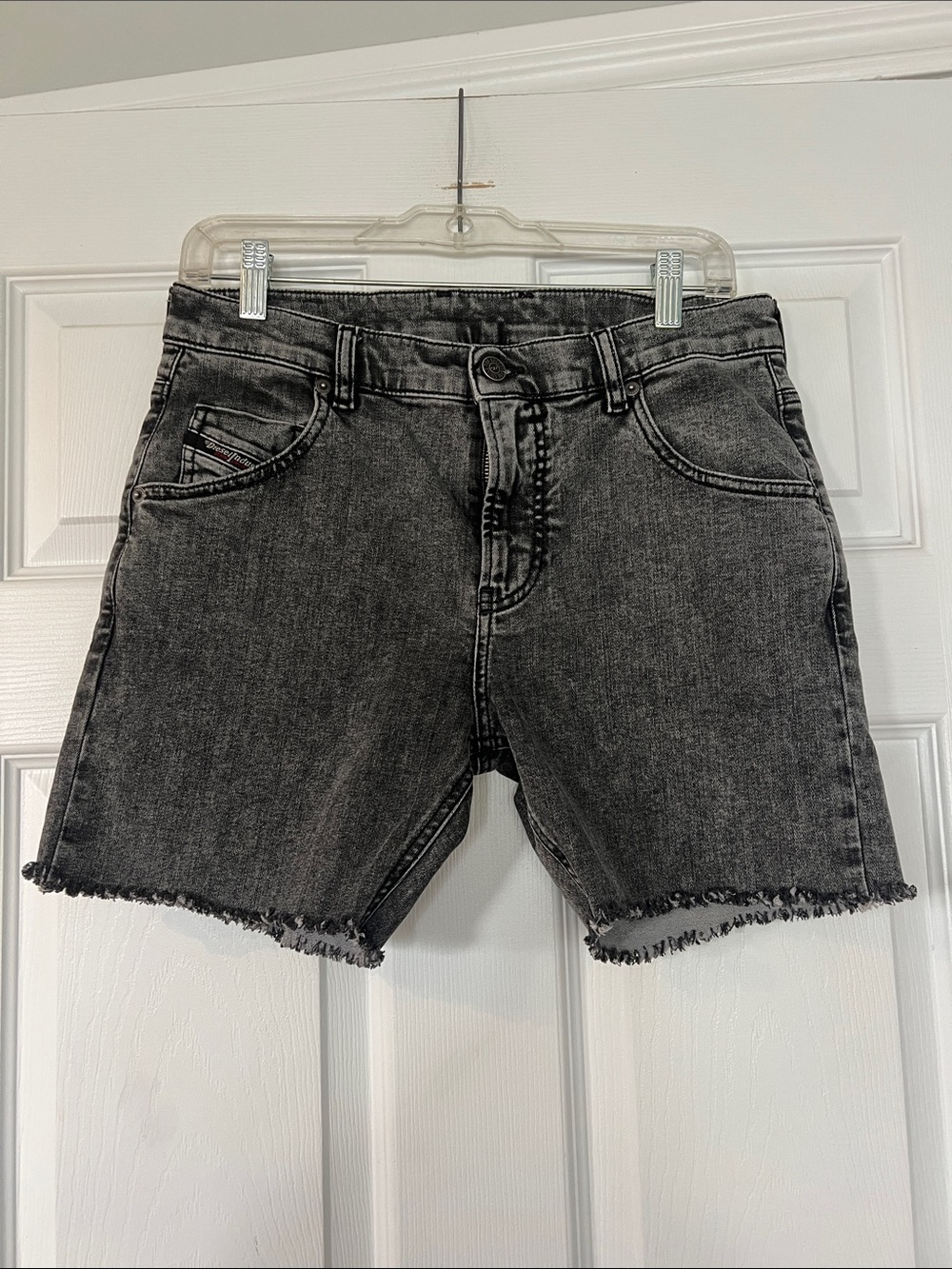High-Rise Washed Black Denim Jean Shorts with Frayed Hem